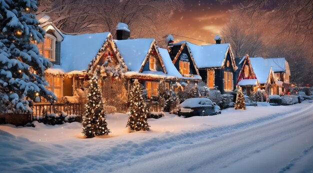 Escena de Navidad con decoraciones de Navidad nieve en las casas luces de Navidad árbol de Navidad