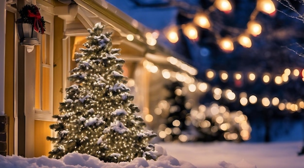 Escena de Navidad con decoraciones de Navidad nieve en las casas luces de Navidad árbol de Navidad