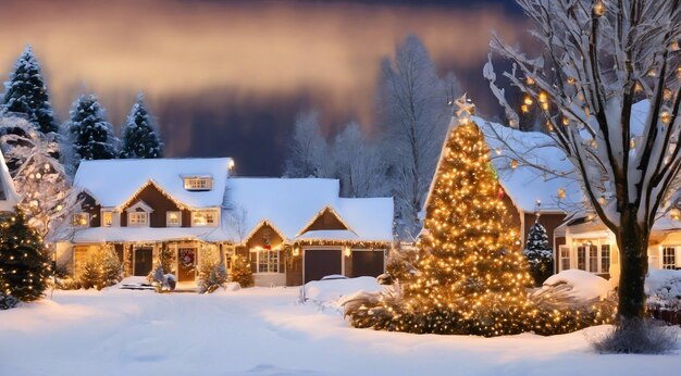 Escena de Navidad con decoraciones de Navidad nieve en las casas luces de Navidad árbol de Navidad