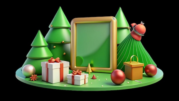una escena de Navidad con un fondo verde y una imagen de un árbol de Navidad y un marco