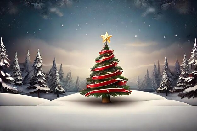 Foto escena de navidad nevada cubierta pequeña aldea con árbol