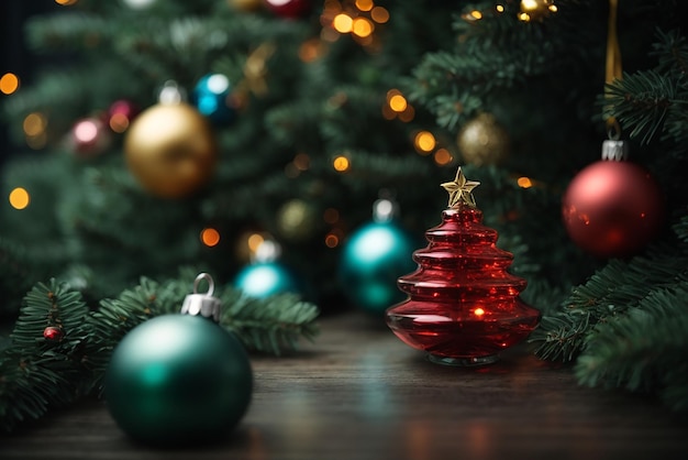 Escena de Navidad nevada cubierta pequeña aldea con árbol