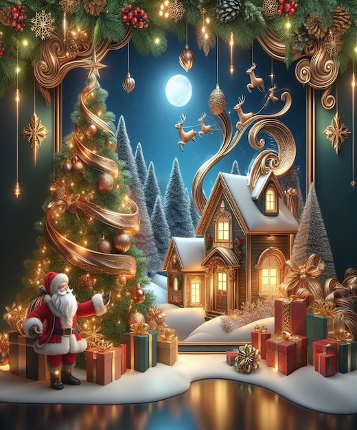 una escena de Navidad con un Papá Noel y un árbol de Navidad