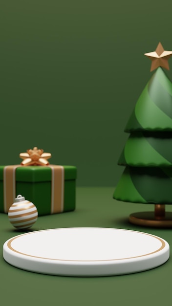 Escena navideña con adorno de caja de regalo de pino y podio