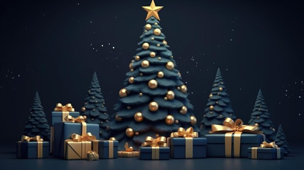 Escena navideña con adornos navideños, abeto verde y cajas de regalo aisladas sobre fondo azul oscuro.