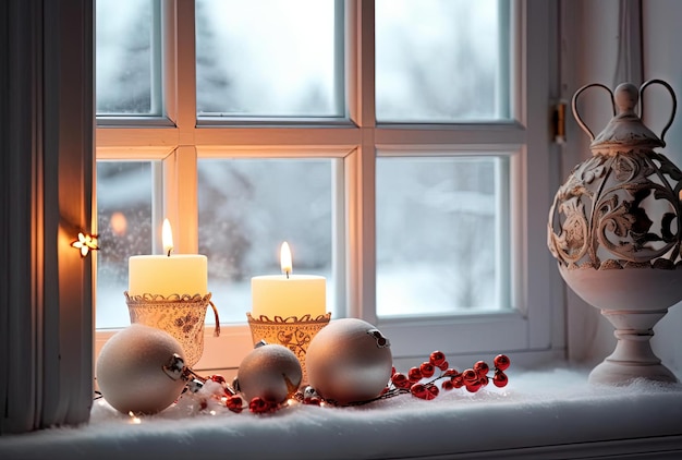 Escena navideña con adornos navideños en el alféizar de invierno