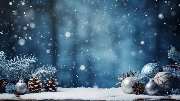 Una escena navideña ambientada en un bosque con ramas de abeto cubiertas de nieve y piñas
