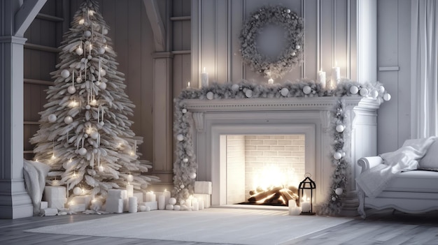 Una escena navideña con chimenea y un árbol de navidad.