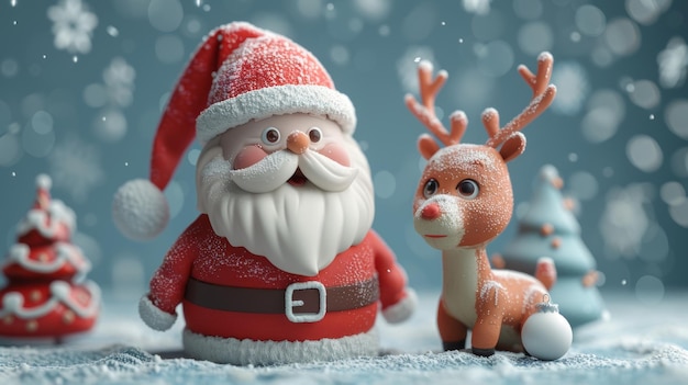 Escena navideña con figuras de Papá Noel y renos IA generativa