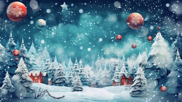 Una escena navideña con un paisaje nevado y un pueblo cubierto de nieve.