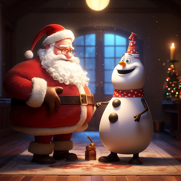 Una escena navideña con santa claus y un muñeco de nieve.