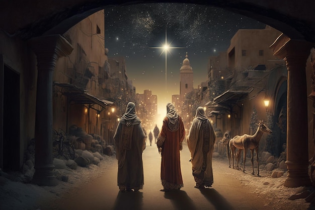 Una escena navideña con tres reyes magos parados en una calle con una estrella en la parte superior.
