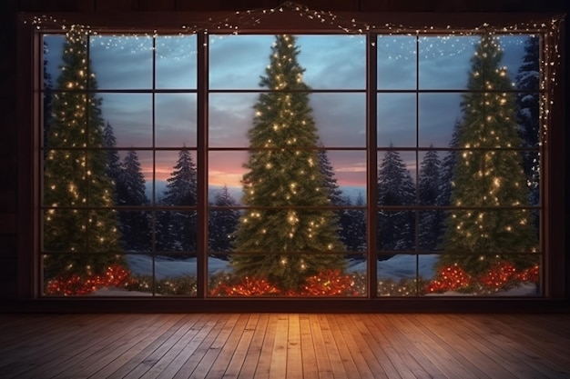 Una escena navideña con una ventana y árboles de navidad.