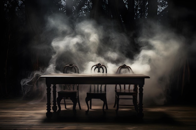Escena nebulosa em uma mesa de madeira Conceito Fotografia da natureza Natureza morta Superfícies de madeira Atmosfera nebulosa