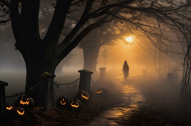 Foto escena nebulosa de halloween en el bosque silueta oscura y aterradora en la oscuridad del crepúsculo generar ai