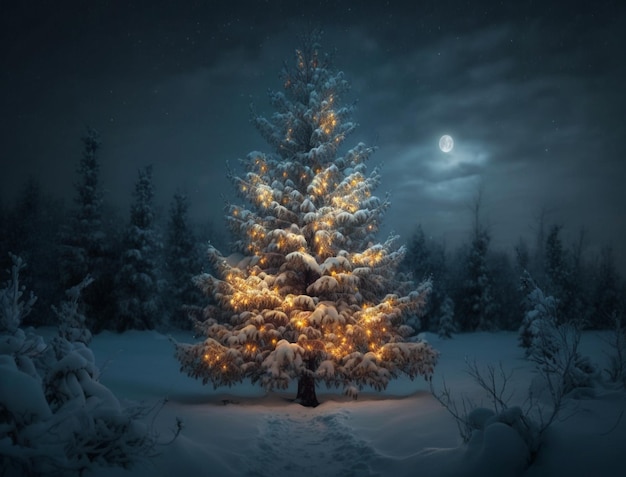 Una escena nevada con un árbol de navidad en primer plano y la luna al fondo.