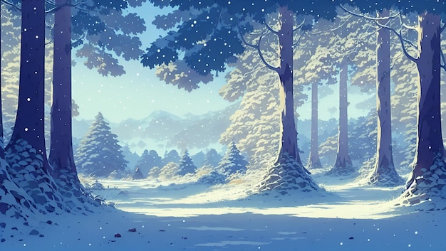 Una escena nevada con un árbol en primer plano y un bosque cubierto de nieve en el fondo