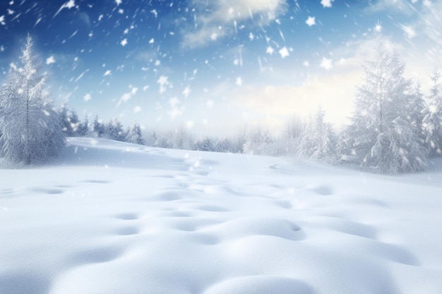 escena nevada con árboles y copos de nieve en el primer plano generativo ai