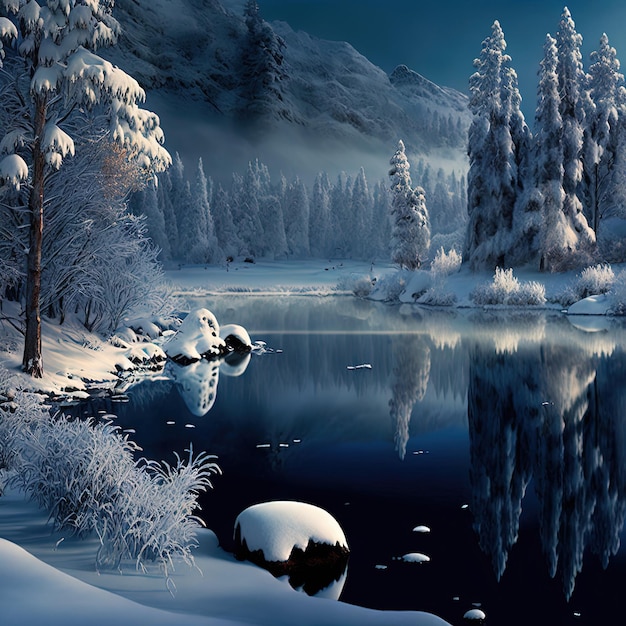 Foto una escena nevada con árboles y un lago en primer plano.