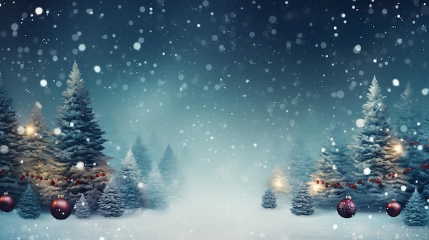 Escena nevada con árboles de Navidad y adornos en la nieve
