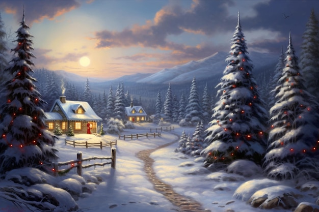 escena nevada con una casa y árboles con luces rojas generativa ai