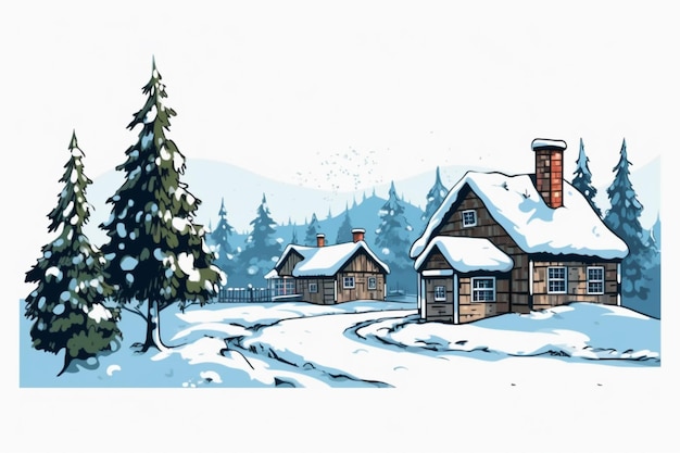 escena nevada con una casa y árboles en el primer plano generativo ai