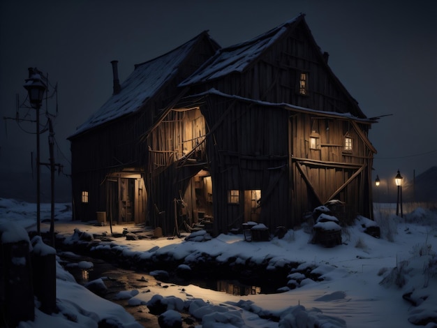 Una escena nevada de una casa con un letrero que dice "la última palabra"