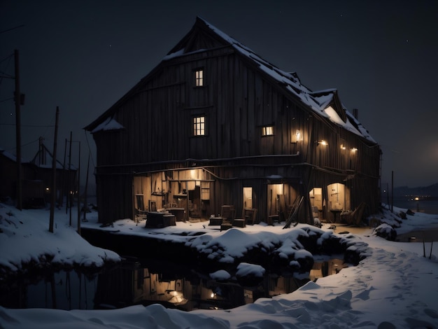 Una escena nevada de una casa con las luces encendidas