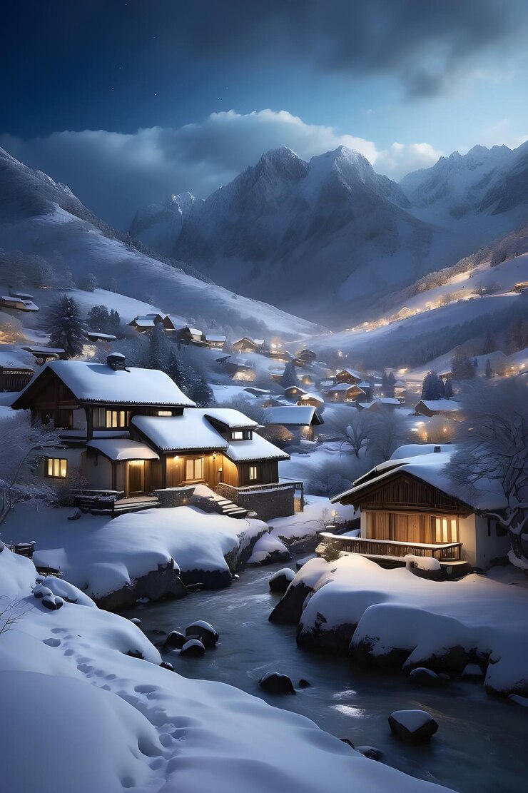 una escena nevada con una casa y un río en el fondo