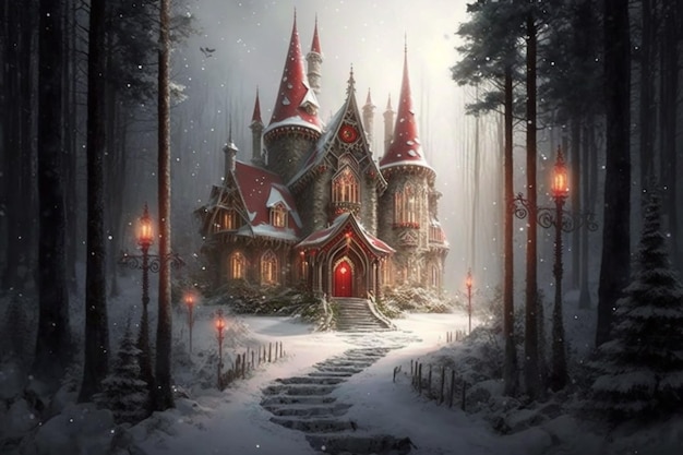 Una escena nevada con un castillo en el medio y una puerta roja a la derecha.