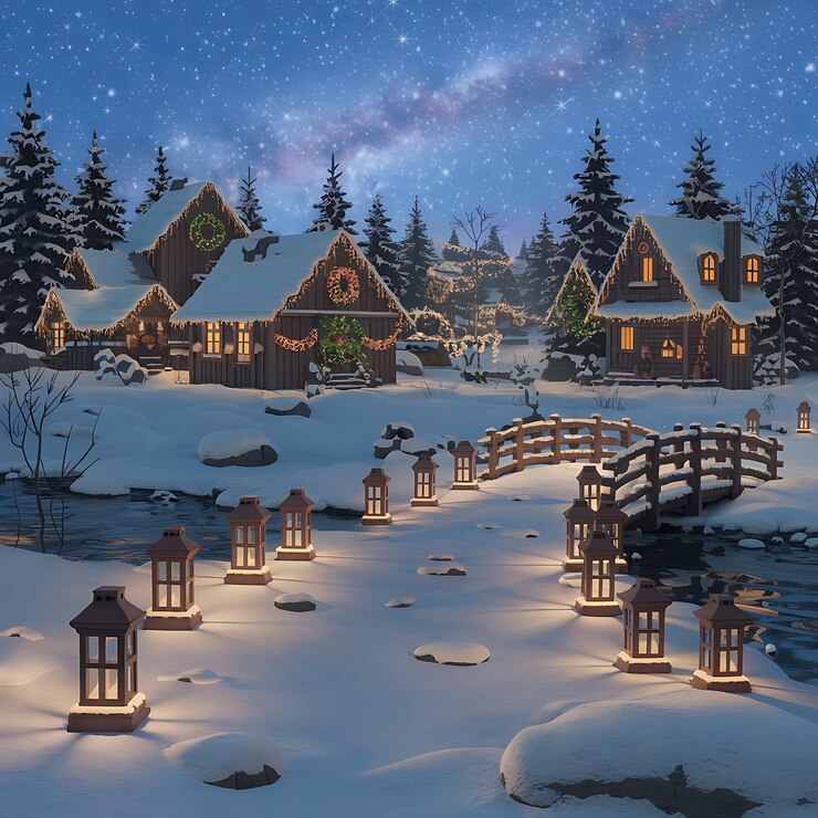 una escena nevada con un puente de madera y una escena de bosque nevado
