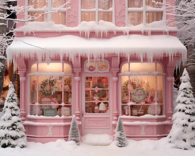 escena nevada de una tienda rosada con hielos y árboles de Navidad generativo ai