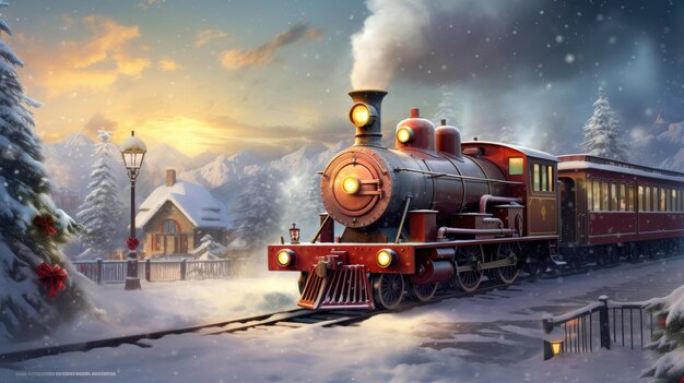 Una escena nevada con un tren para una ilustración navideña festiva