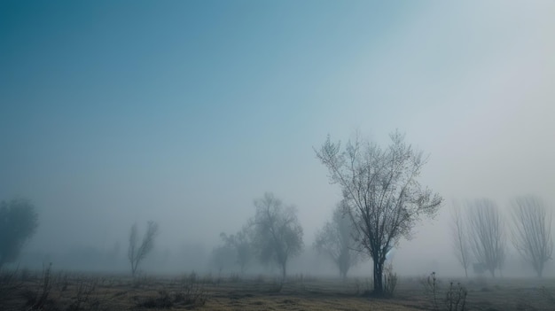 Una escena de niebla con árboles en primer plano