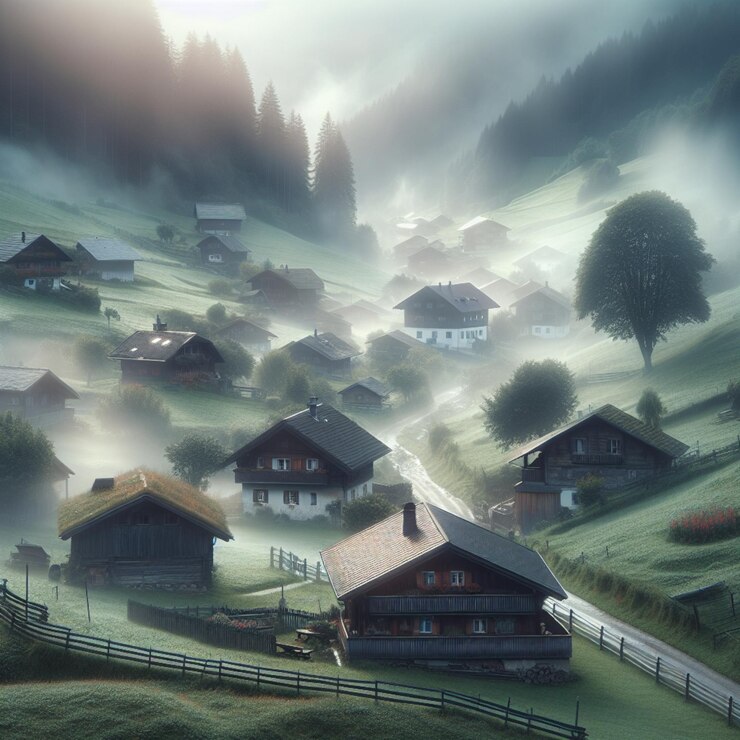 una escena de niebla con casas en el fondo