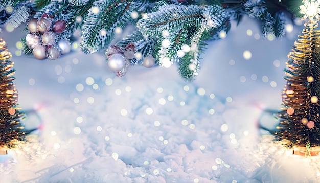 Una escena de nieve con un árbol de navidad y copos de nieve.