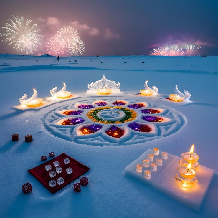 una escena de nieve con una casa y velas en ella