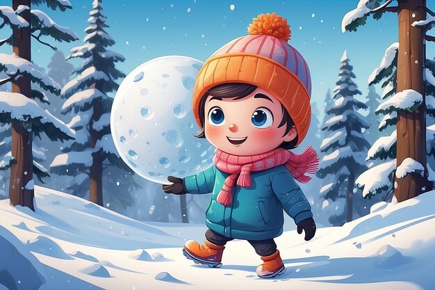 Foto escena de niño divertida con bolas de nieve de invierno de dibujos animados