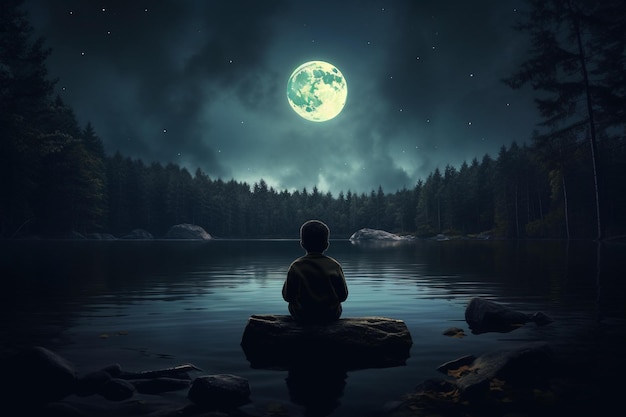Una escena de un niño de su espalda sentado frente a un lago durante una oscura noche de luna llena