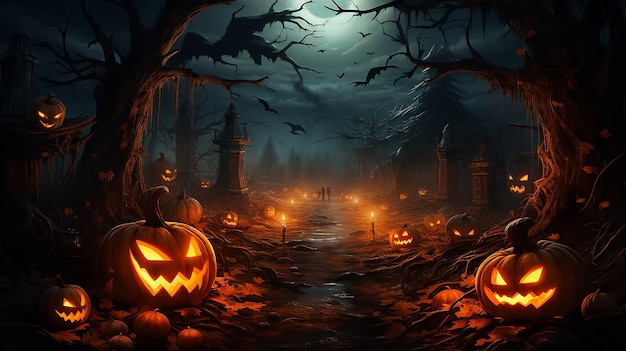 Escena de la noche de Halloween con casa embrujada y árbol de la muerte en el fondo