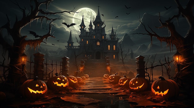 Escena de la noche de Halloween con casa embrujada y árbol de la muerte en el fondo