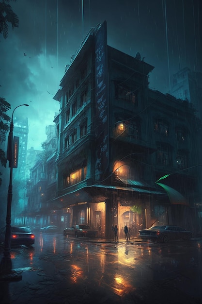 una escena de noche lluviosa con un hombre caminando en la lluvia