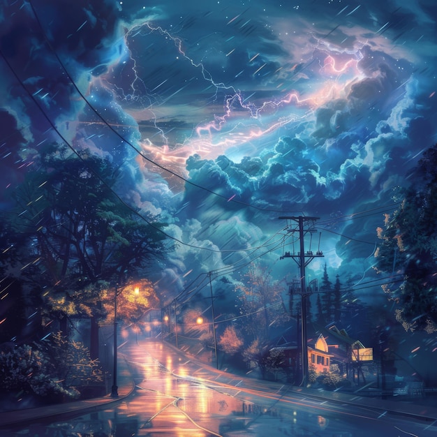 una escena de noche lluviosa con una tormenta en el cielo