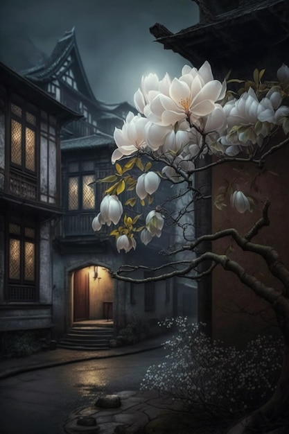 Una escena nocturna con un árbol con flores y una casa al fondo.