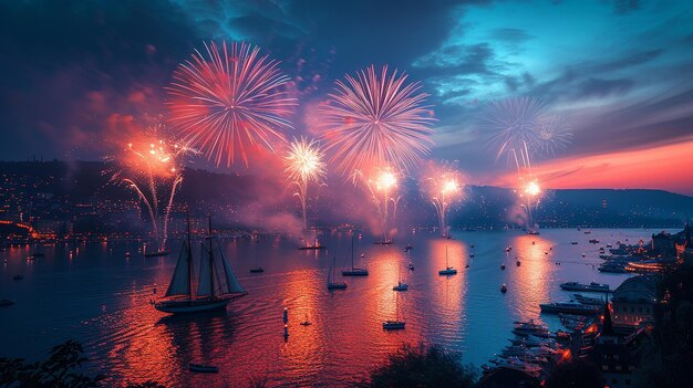 Escena nocturna atmósfera festiva con fuegos artificiales