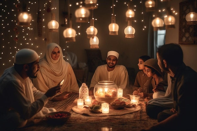 Escena nocturna atmosférica de linternas iluminadas de Eid alAdha y ambiente mágico