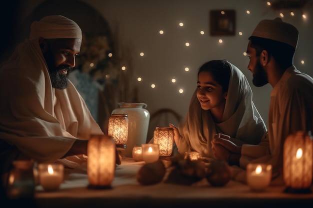 Escena nocturna atmosférica de linternas iluminadas de Eid alAdha y ambiente mágico