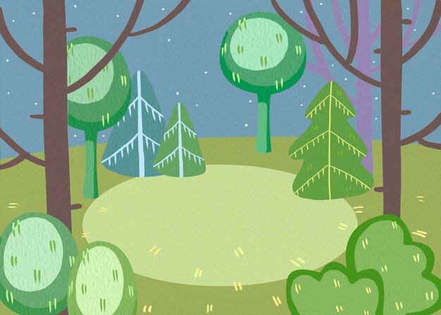Escena nocturna en el bosque con estrellas