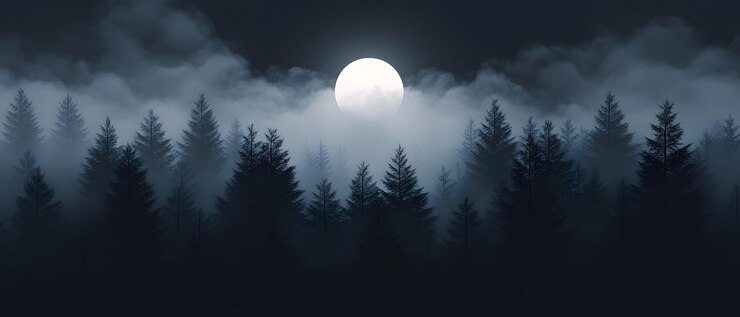 Escena nocturna de un bosque de niebla iluminado por la luna con siluetas de árboles
