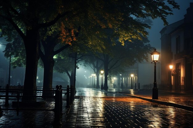 Escena nocturna de una calle con linternas y árboles bajo la lluvia